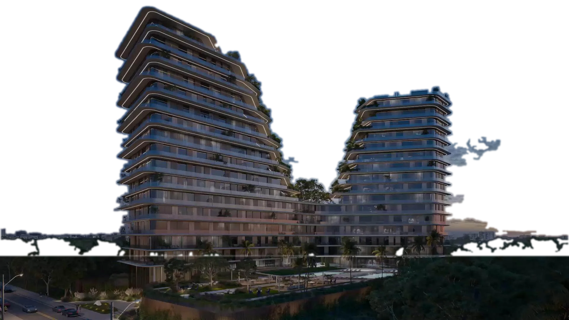 Las dos torres de Light Towers en la hora azul, con terrazas escalonadas y líneas de luz