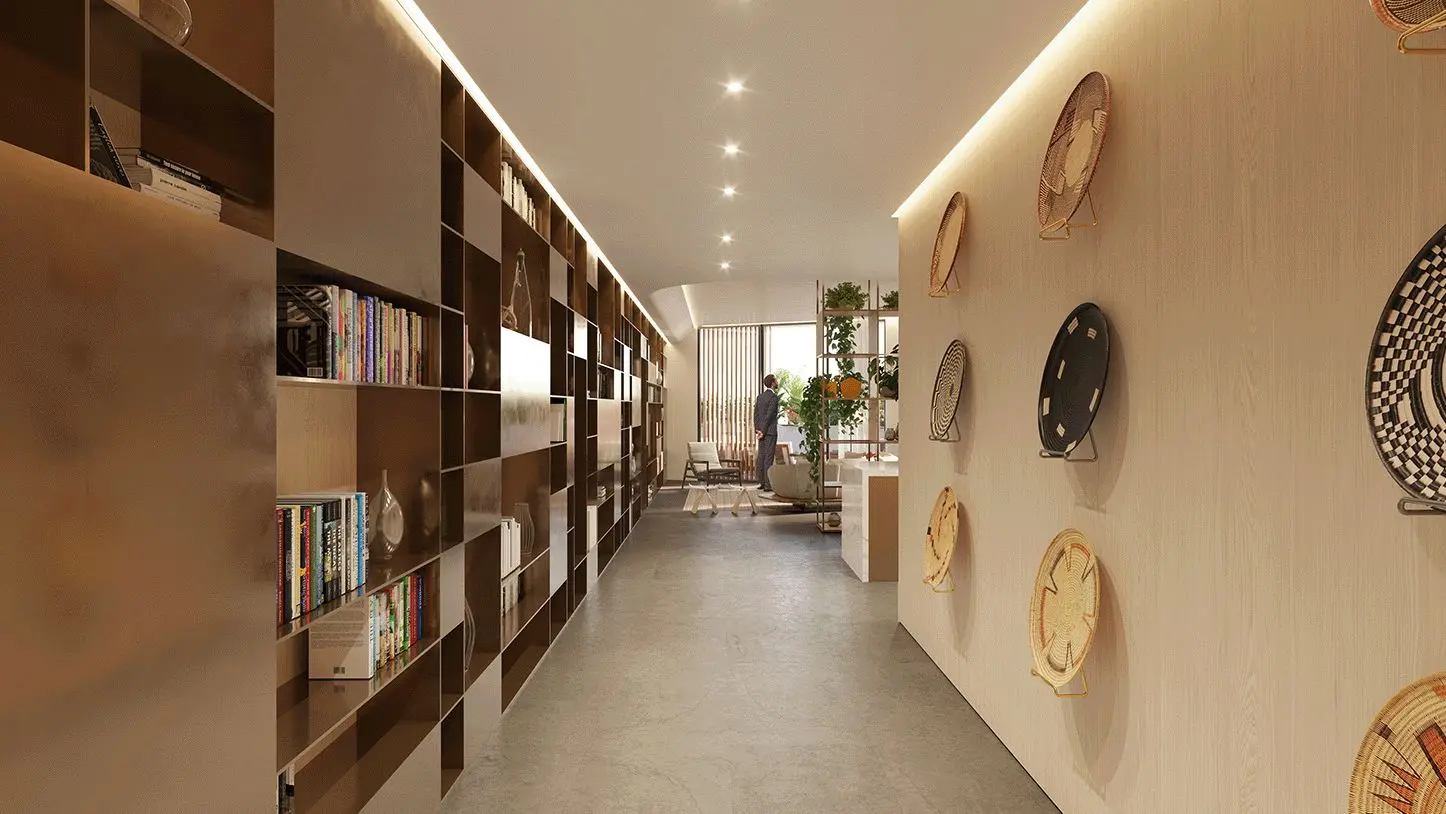Pasillo con biblioteca